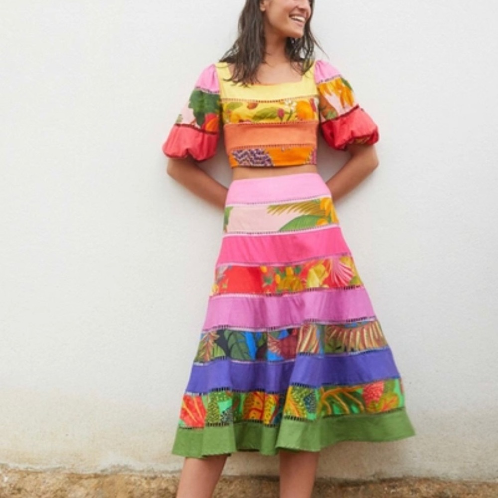 Rainbow Mixed Print Tiered Linen Blend Skirt In Mix Print